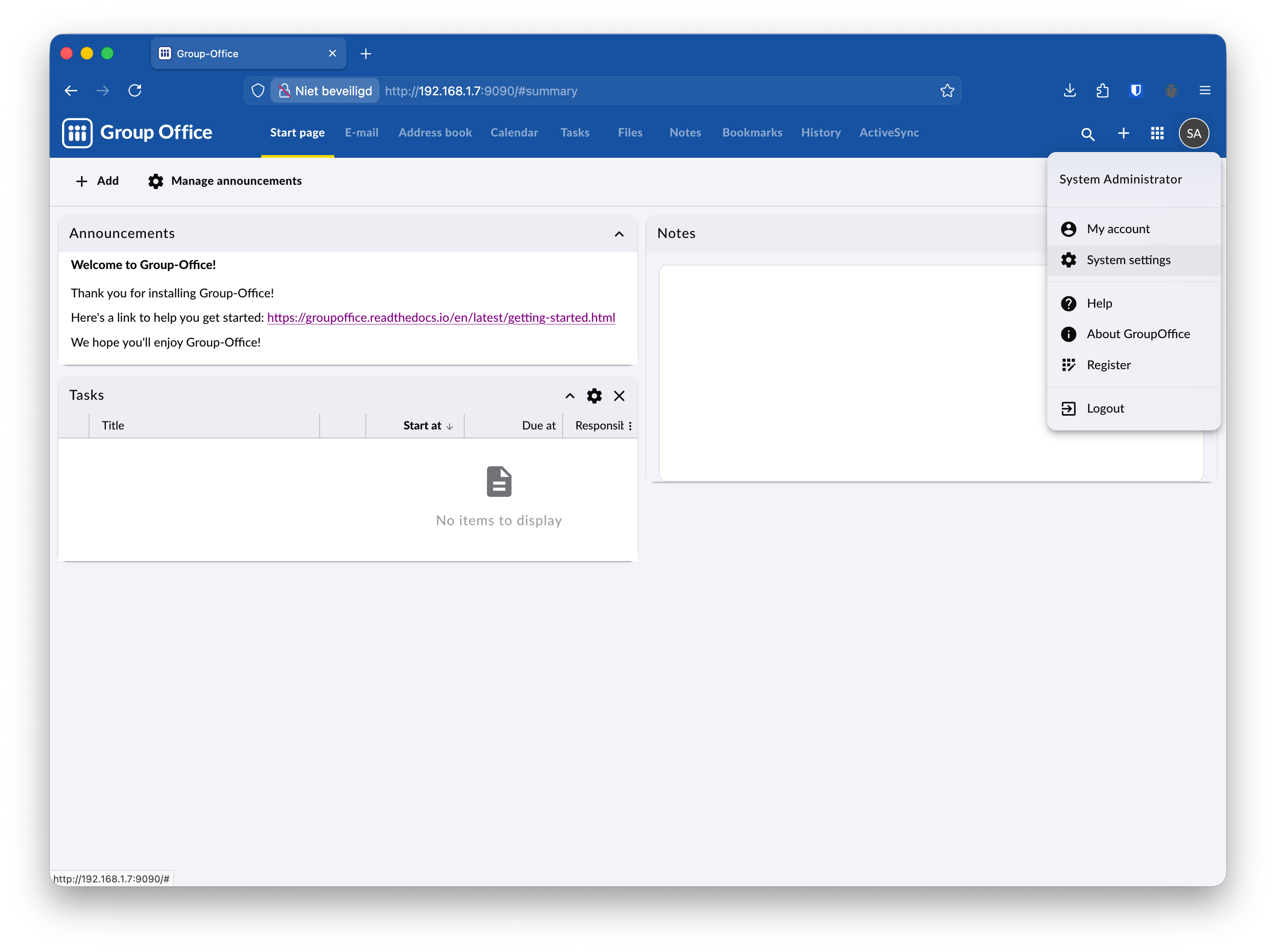 Group-Office System Settings Menu