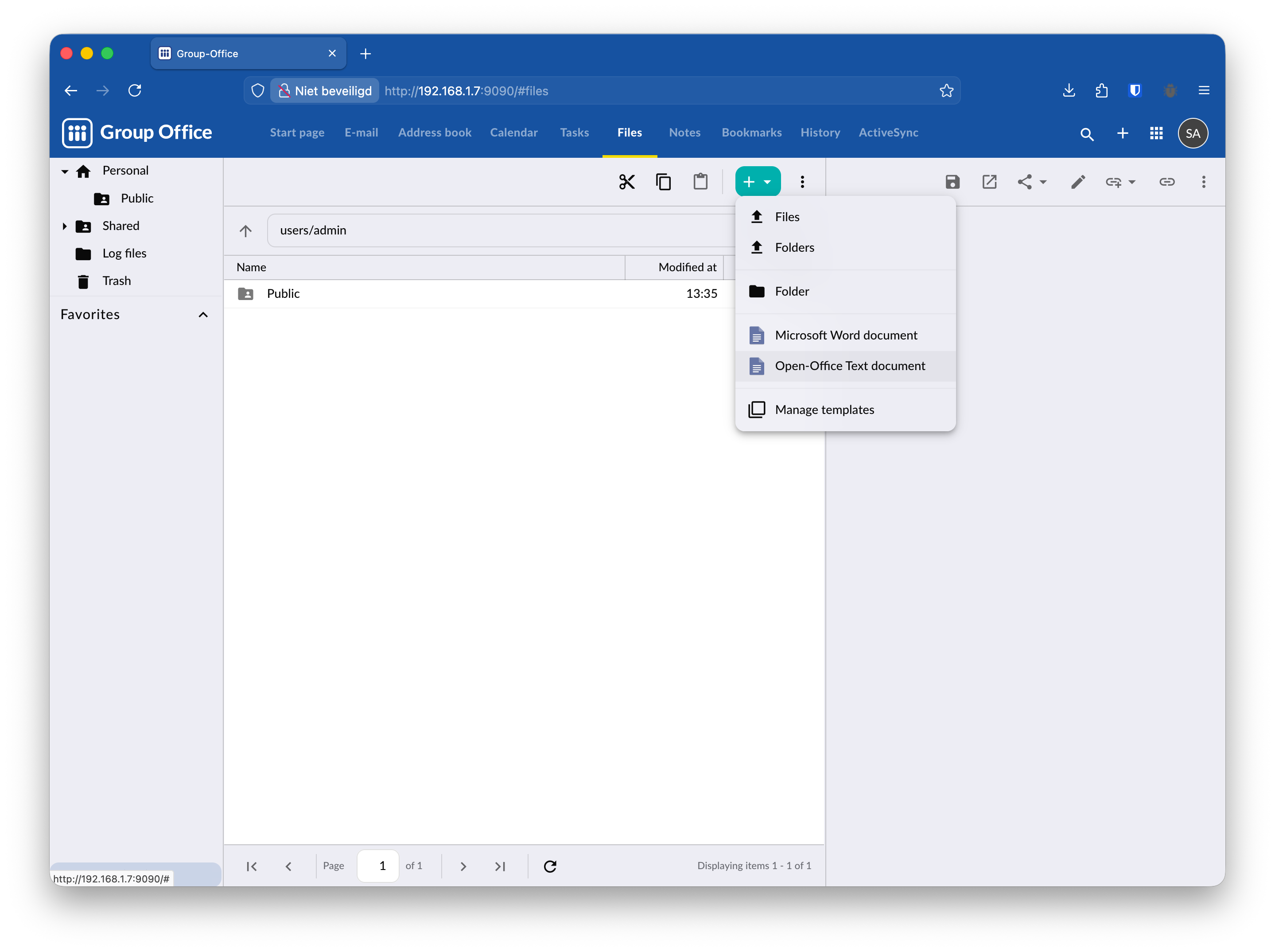 Creating a new document in Files
