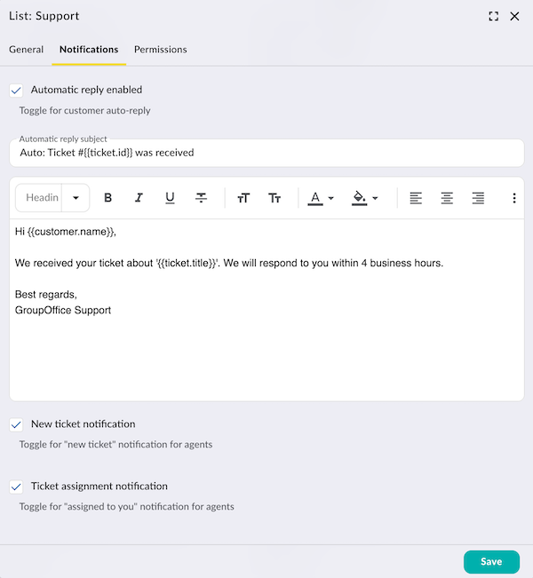 Support notification settings
