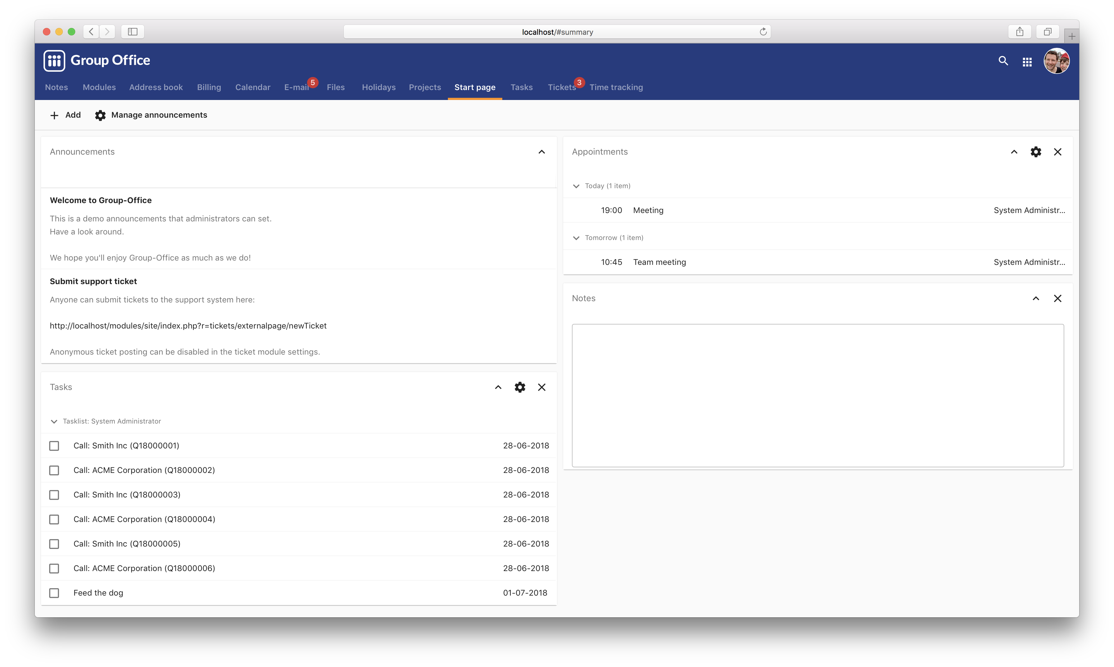 The Group Office start page