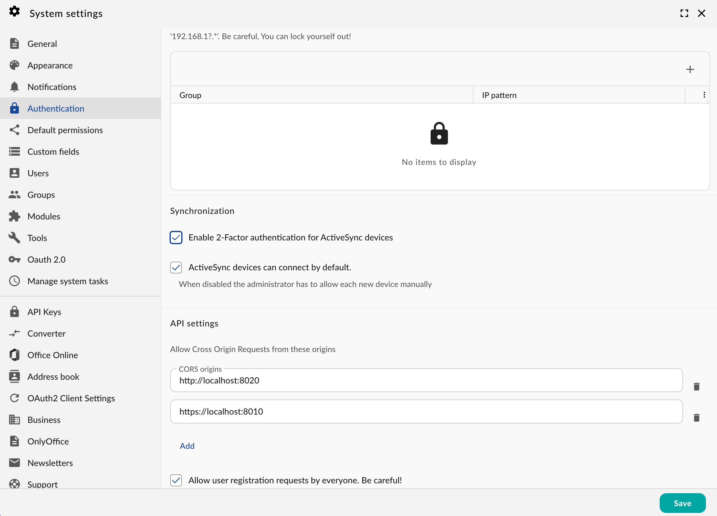Synchronization system settings