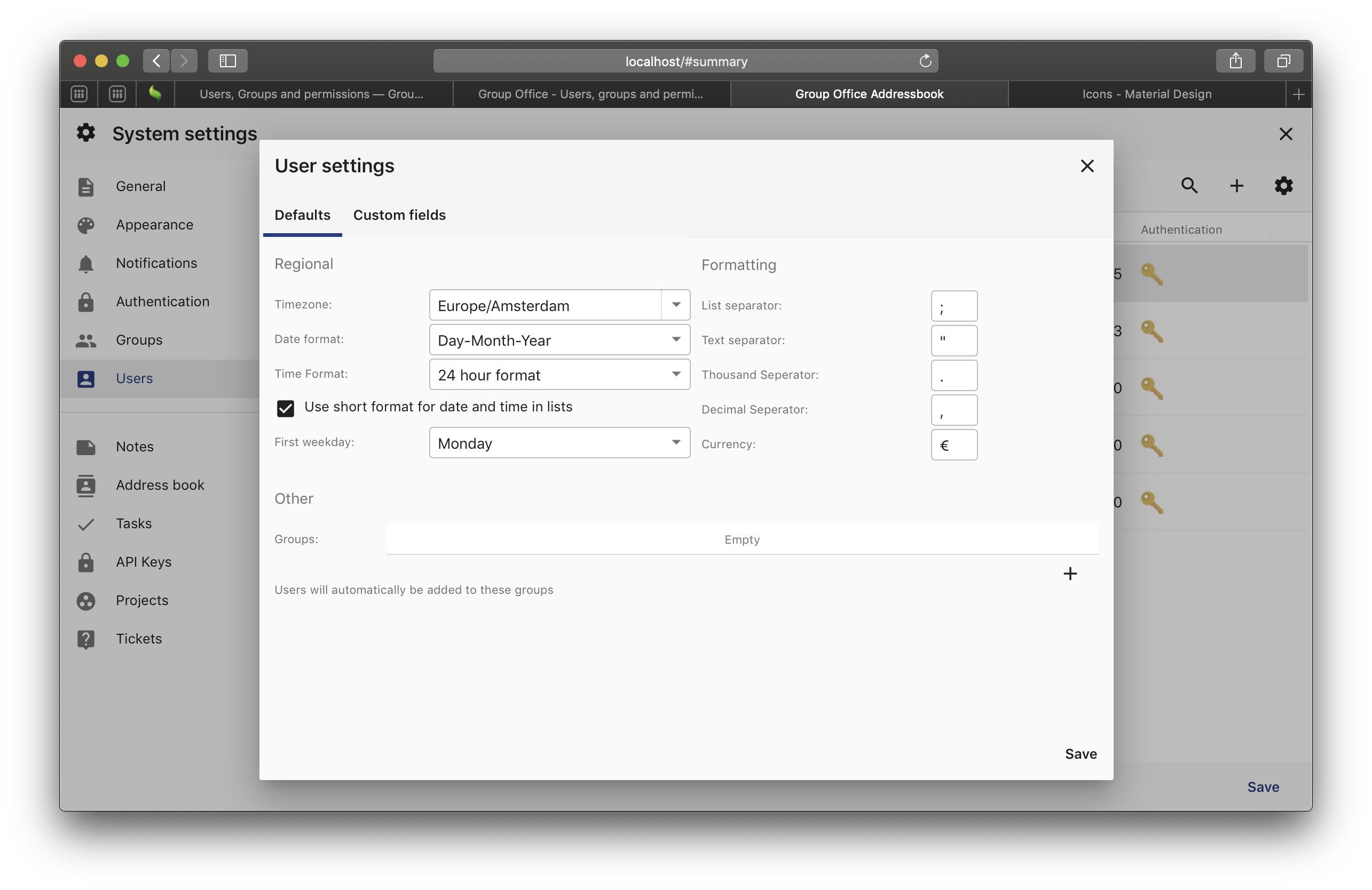 User settings